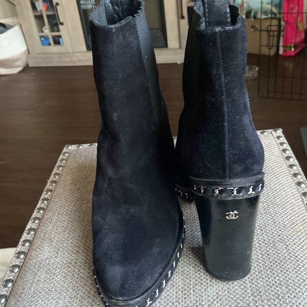 Chanel Classic Black Suede Boots With Chain Detail and CC logo SZ 41.5